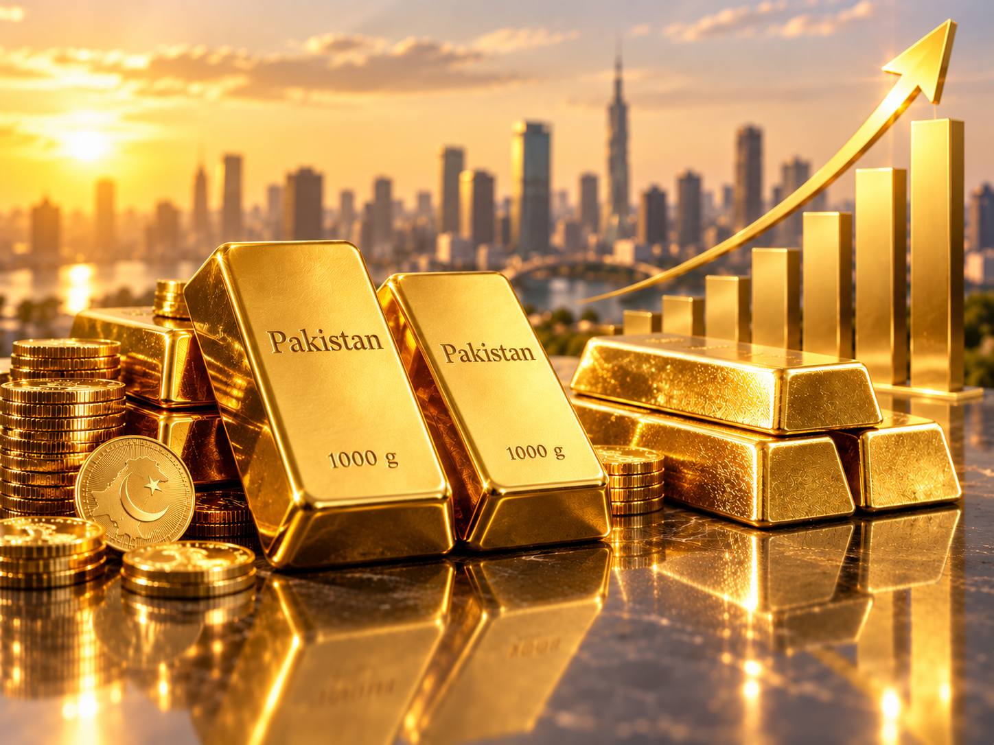 Pakistan gold bars and rising gold market illustration